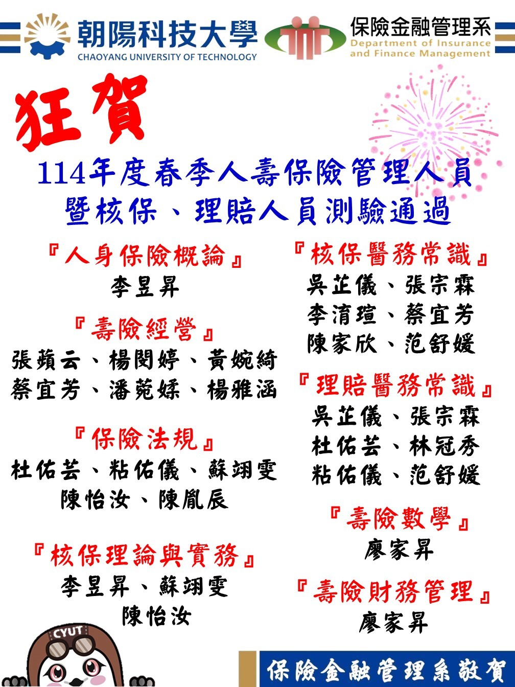 狂賀！本系學生參加114年度春季人壽保險管理人員暨核保、理賠人員通過名單