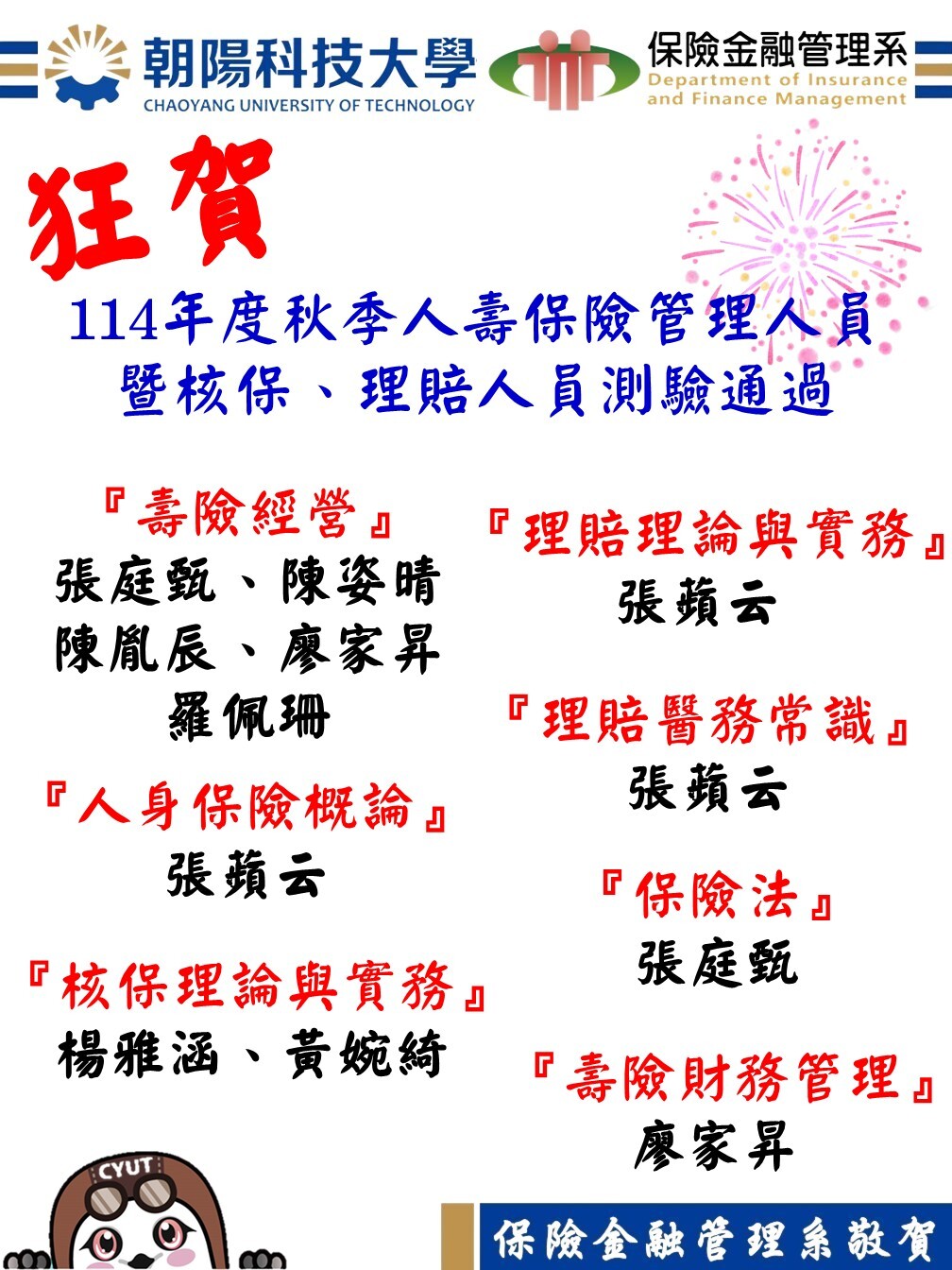 狂賀！本系學生參加114年度秋季人壽保險管理人員暨核保理賠人員測驗通過名單